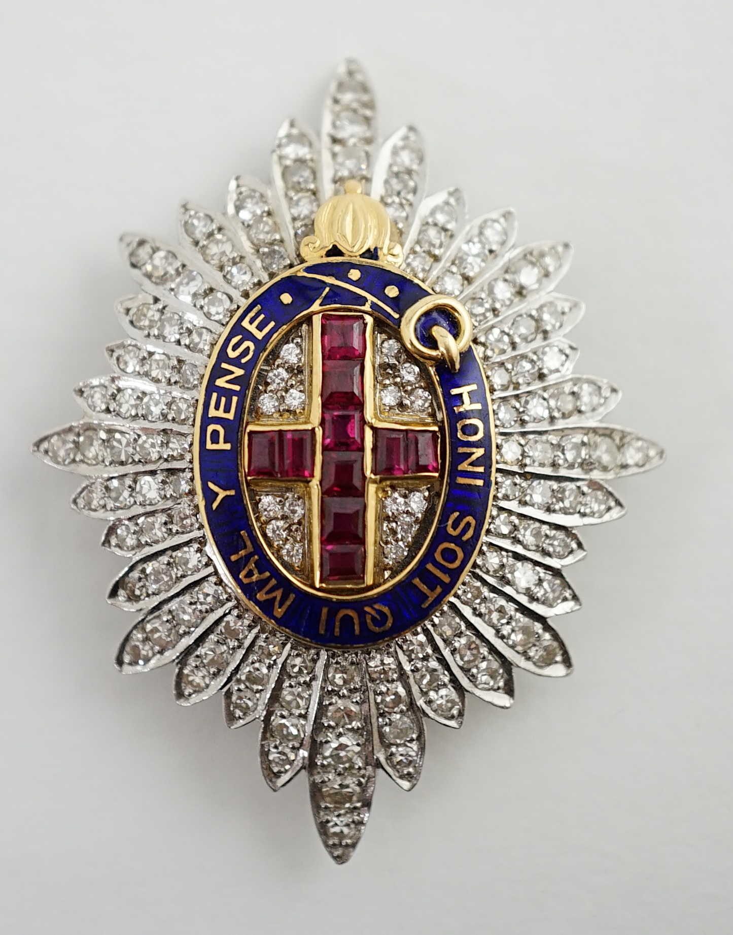 An 18ct gold, platinum, diamond, enamel and ruby Order of the Garter brooch